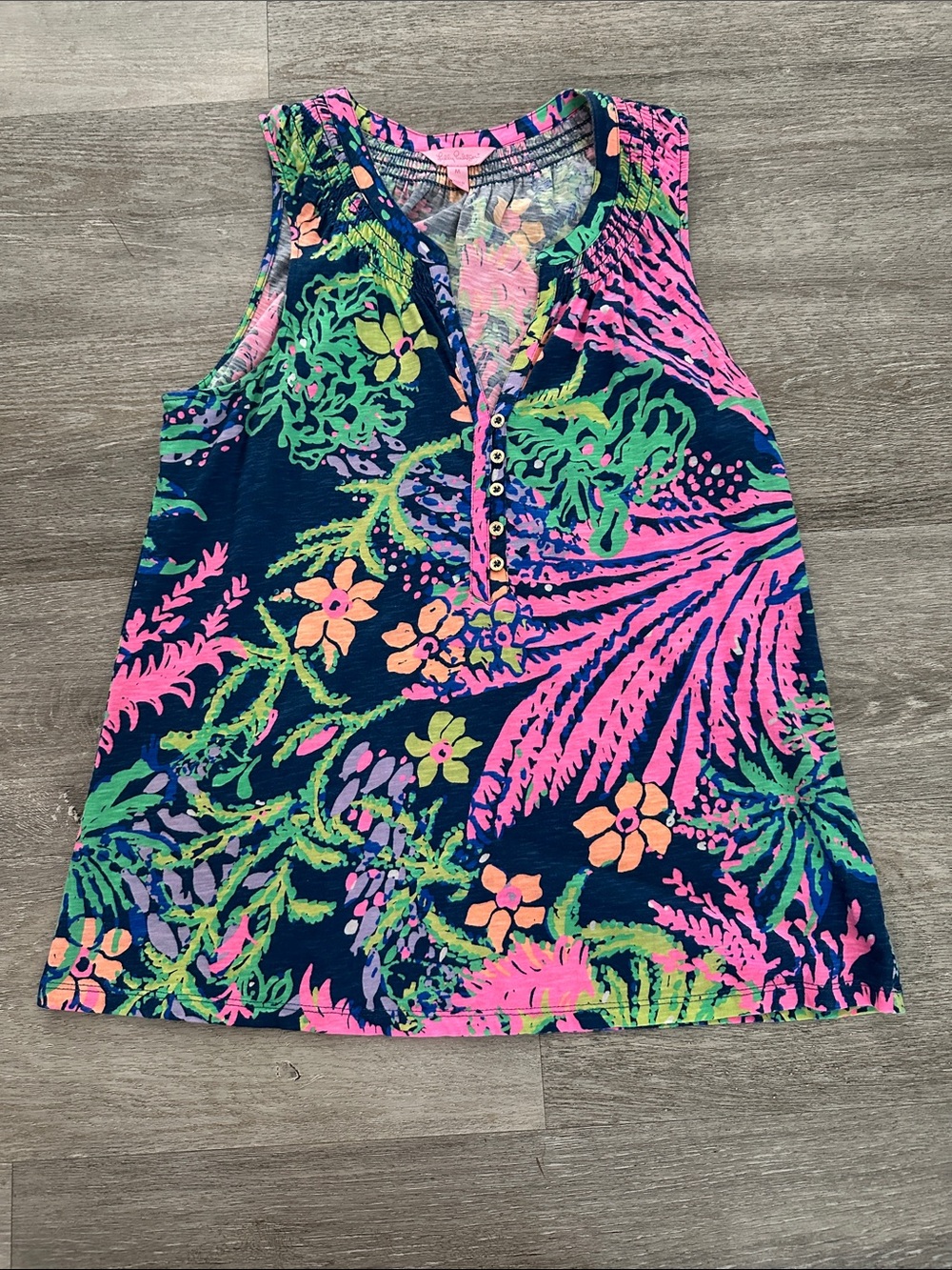 Lilly Pulitzer Floral Tropical Henley Top - Navy, Pink & Green size medium